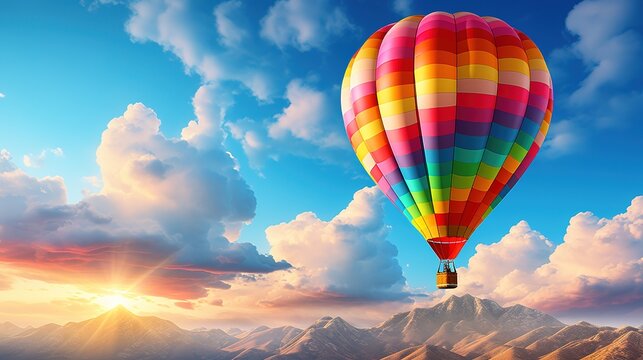 Colorful hot air balloons fly over the mountains