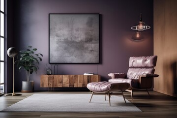 In the inside of a living room with a leather armchair, carpet, floor lamp, and coffee table on hardwood flooring, there is a blank vertical poster on a violet concrete wall. Generative AI