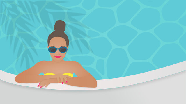 Woman in pool vector, summer vibes, beautiful young lady wear sunglasses in swimming pool design illustration