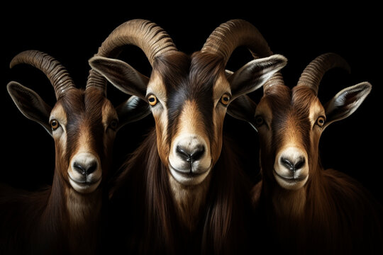 Three Goats On A Dark Background. Generative AI