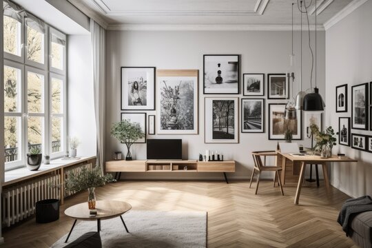 In the living area, a large wooden photo box with numerous frames of all sizes is displayed. Generative AI