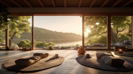 A peaceful retreat setting with yoga mats, meditation cushions. AI generated