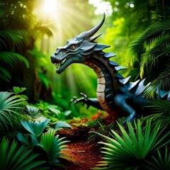 massive statue of a dragon in a lush jungle, surrounded by exotic plants and tall trees, mysteriuos, ancient, high detail, tropical landscape, ai generated