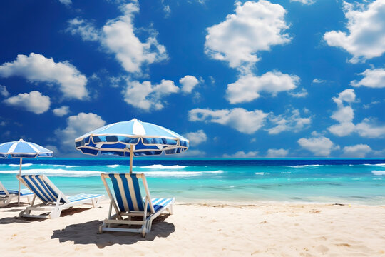 Beach with sun loungers and umbrella. Generative AI