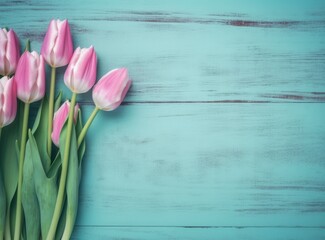 Tulips on blue wood. Spring bouquet