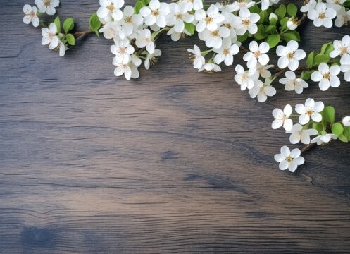 Blossom cherry on wood background. Generative AI.