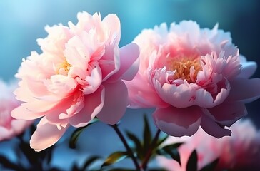 Gorgeous pink peonies flowers on a serene light blue turquoise background, enhanced with a soft and blurry filter. Made with Generative AI technology