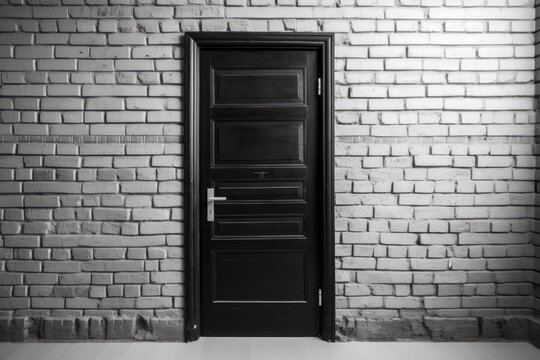 For a mockup in architecture and interior design, a black door is positioned against a white brick wall. Generative AI