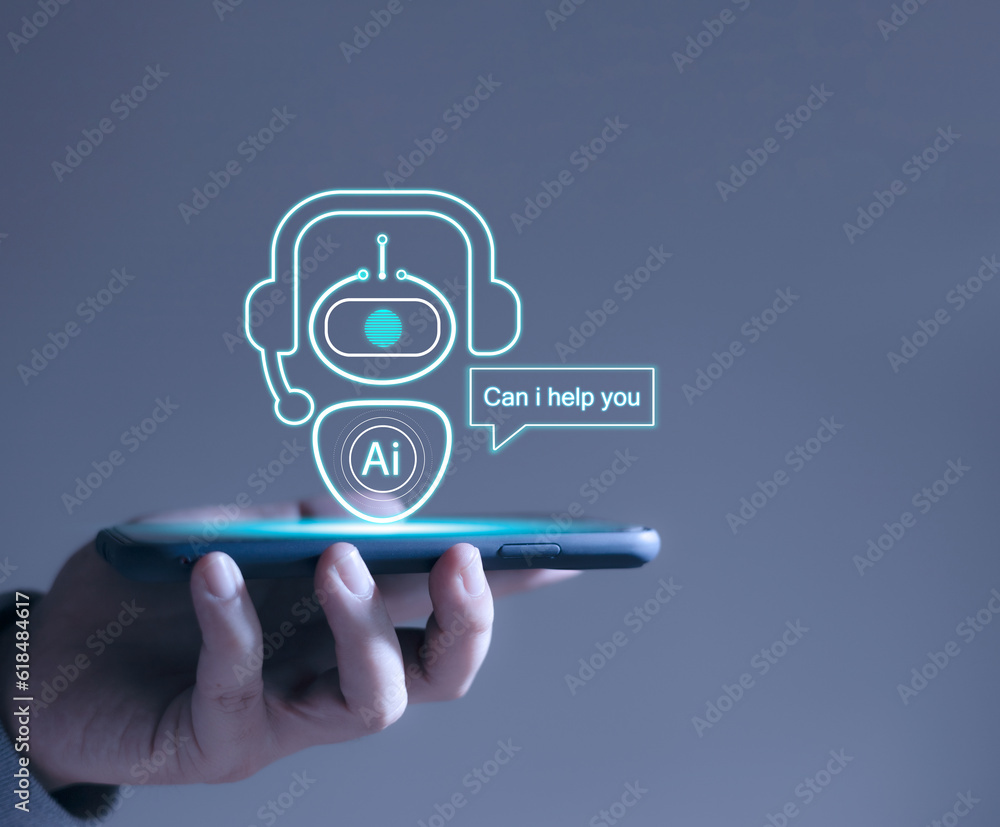 Poster ai robot icon on smartphone, chat concept with ai artificial intelligence