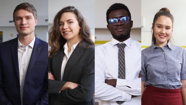 Portraits of diverse smiling business people standing in office looking at camera. Montage composite of multiethnic entrepreneurs in formal wear posing. Corporate workers vertical split screen.