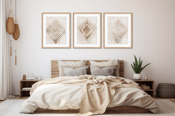 Modern boho bedrroom with neutral beige wall art, set of 3 posters. Contemporary interior design with white wall color, bed and pillows. - obrazy, fototapety, plakaty