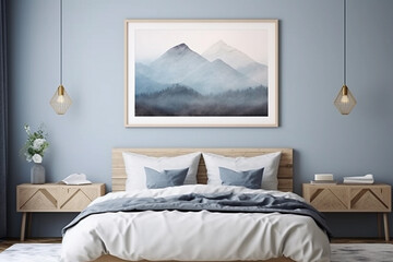 Modern bedrroom with monochrome n dusty blue wall color and mountains landscape artwork in frame. Contemporary interior design with trendy wall color, bed, pillows and wall art.