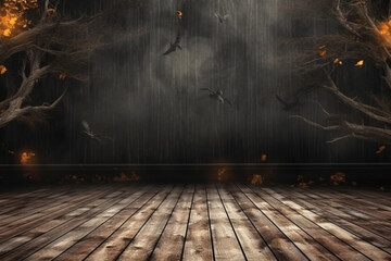 Embrace the Halloween spirit: Spooky backdrop with empty wooden planks Generative AI - obrazy, fototapety, plakaty
