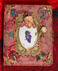 Antique Victorian Era Book With Colorful Gemstones added. Fairy Tale Scary Book With Scorpion and Bat