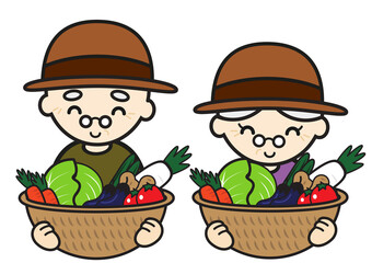 野菜の入ったかごを持つお爺さんとおばあさん