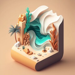 3d render beach and rest, of a desert with sand, palm trees and sand castle. Summer time 