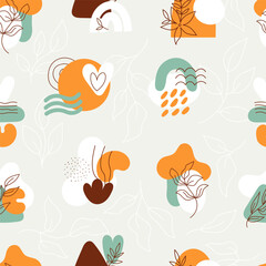 Stylish boho seamless textile pattern with abstract spots and floral elements. Vector line illustration