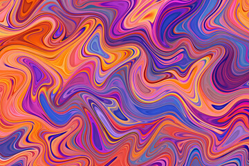 Psychedelic trippy Y2k retro background with bright swirl. Abstract liquid illustration. Blue, purple and orange groovy wave print.
