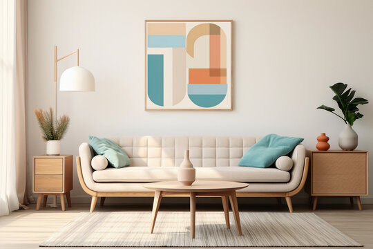 Modern mid century living room interior with blush pink, beige and blue wall art in textured abstract style. Cozy furniture. White color sofa and blue pillows.