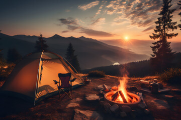 An idyllic tent camping scene in the mountains, featuring a cozy tent surrounded by the breathtaking beauty of nature. Generative AI