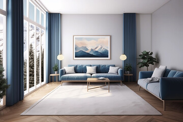 Fototapeta premium Modern interior. Spacious living room with large windows. Dusty blue furniture and wall art above the sofa with a mountain landscape.