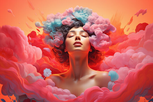 The concept of self-care, relaxation and dreaming. The woman with her eyes closed visualizes her desires in airy colored clouds. Pink, blue, orange background for the indestructible beauty.