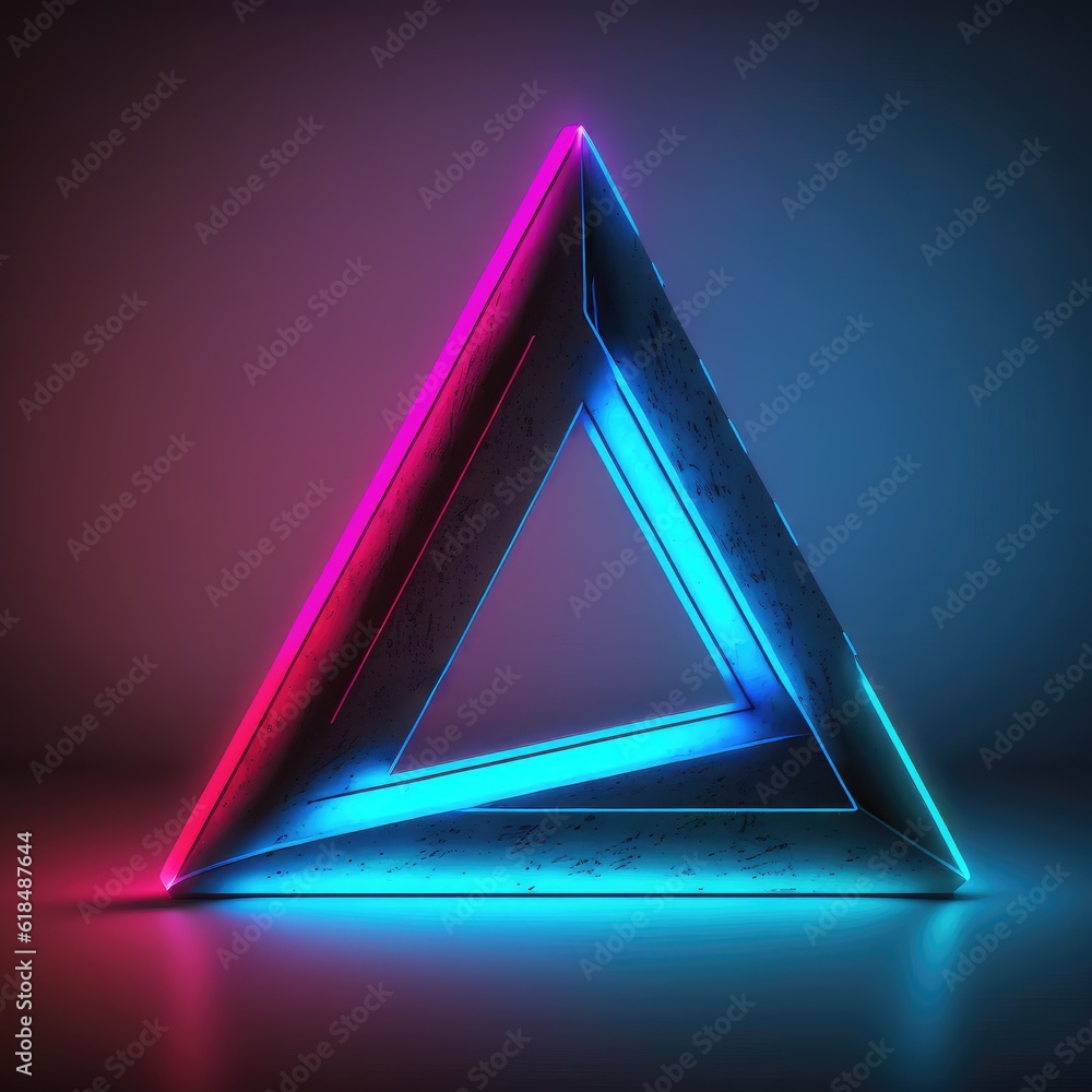 Poster overlapped lightning neon magical triangle effecting on black background. reflection of glowing digi