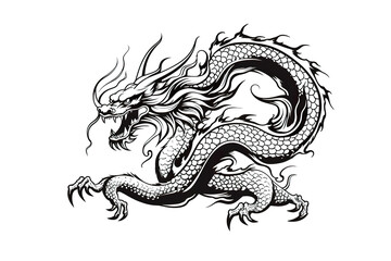 Obraz premium Chinese dragon artwork black line stencil isolated on white PNG
