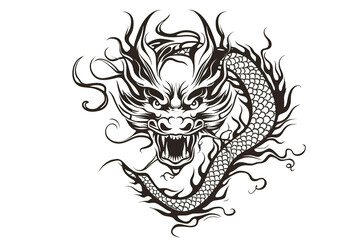 Fototapeta premium Chinese dragon artwork black line stencil isolated on white PNG