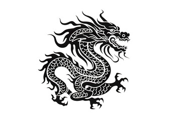 Chinese dragon artwork black line stencil isolated on white PNG