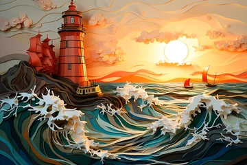 Foto auf Alu-Dibond Sunset sea coast with a lighthouse stunning layered paper cut. Generative AI  © Katerina Bond
