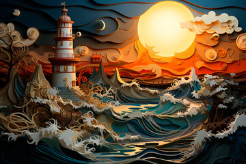 Sunset sea coast with a lighthouse stunning layered paper cut. Generative AI 