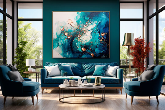 Modern living room in blue and green tones with a sofa and a large picture on the wall. Generative AI