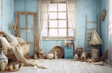 Fototapeta na wymiar Vintage beach house wooden blue white interior. Generative AI