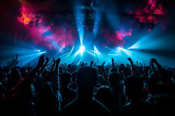 Crowd raising their hands and enjoying great festival party or concert. Silhouettes of people in neon light.  - obrazy, fototapety, plakaty