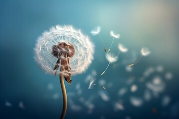 A fluffy dandelion clock with seeds blowing in the wind on a sky-blue background. generative Ai. 