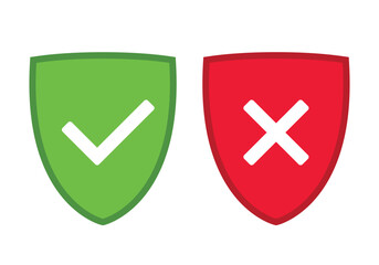 green and red shield with OK check mark and X cross icon symbol, vector illustration