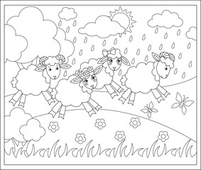 A herd of sheep runs away from the rain - a vector linear picture for coloring. Outline. Sheep and rams run across the meadow, it's raining - a picture for a children's coloring book