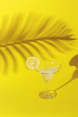 Summer scene with cocktail glass with ice and slice of lemon against a yellow background with palm shadow. Minimal aesthetic.