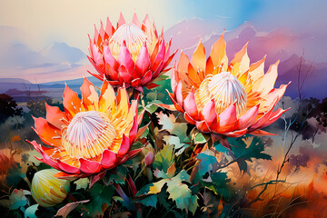 Protea flowers bouquet, watercolor painting.  - obrazy, fototapety, plakaty