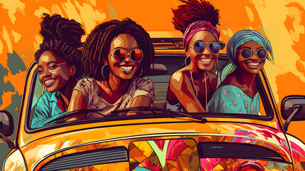four african girls in a car with a smile on their faces, in the style of bold colors, strong lines, post-internet aesthetics, kombuchapunk, travel, eco-friendly craftsmanship, relatable personality