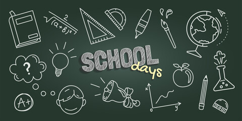 School background with hand drawn linear school supplies and chalk text with School Days phrase lettering on blackboard.