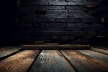 Halloween-themed product placement: Empty wooden planks on a dark, atmospheric background Generative AI