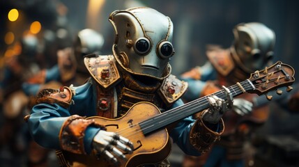Plakat Robot musicians playing instruments. Generative AI.