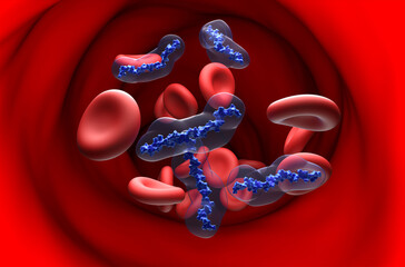 Heparin (UFH) anticoagulant molecules in the blood flow - section view 3d illustration