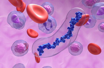 Heparin (UFH) anticoagulant molecules in the blood flow - closeup view 3d illustration