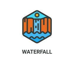 waterfall,cliff, lake and sun logo illustration 
