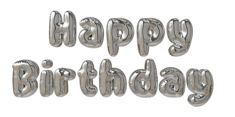 Words "Happy Birthday" in the shape of a SILVER balloon on a transparent background. Realistic 3D rendering. Parties, congratulations, happy birthday to you, helium balloon. © Érika_____pinheiro