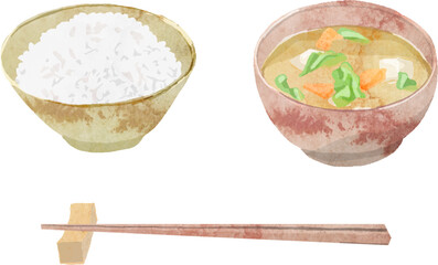 ごはんとお味噌汁の水彩ベクターイラスト