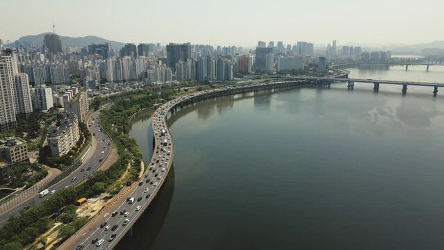 Aerial View of traffic through an intersection at Mapo Bridge Seoul South Korea